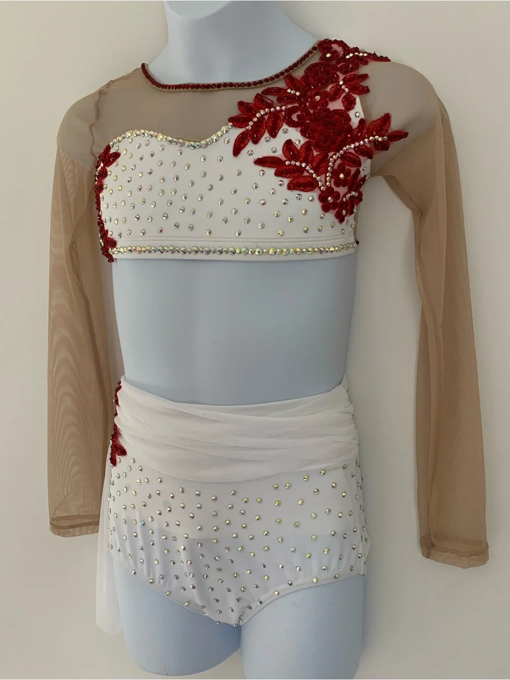 Child's Rhinestone Dance Costume White & Red Lyrical Contemporary Outfit, Size 8